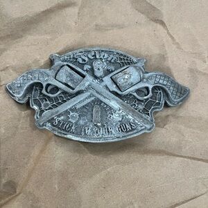 Silver Gun Belt Buckle FELON COMPANY , lead free, “stick to your guns”